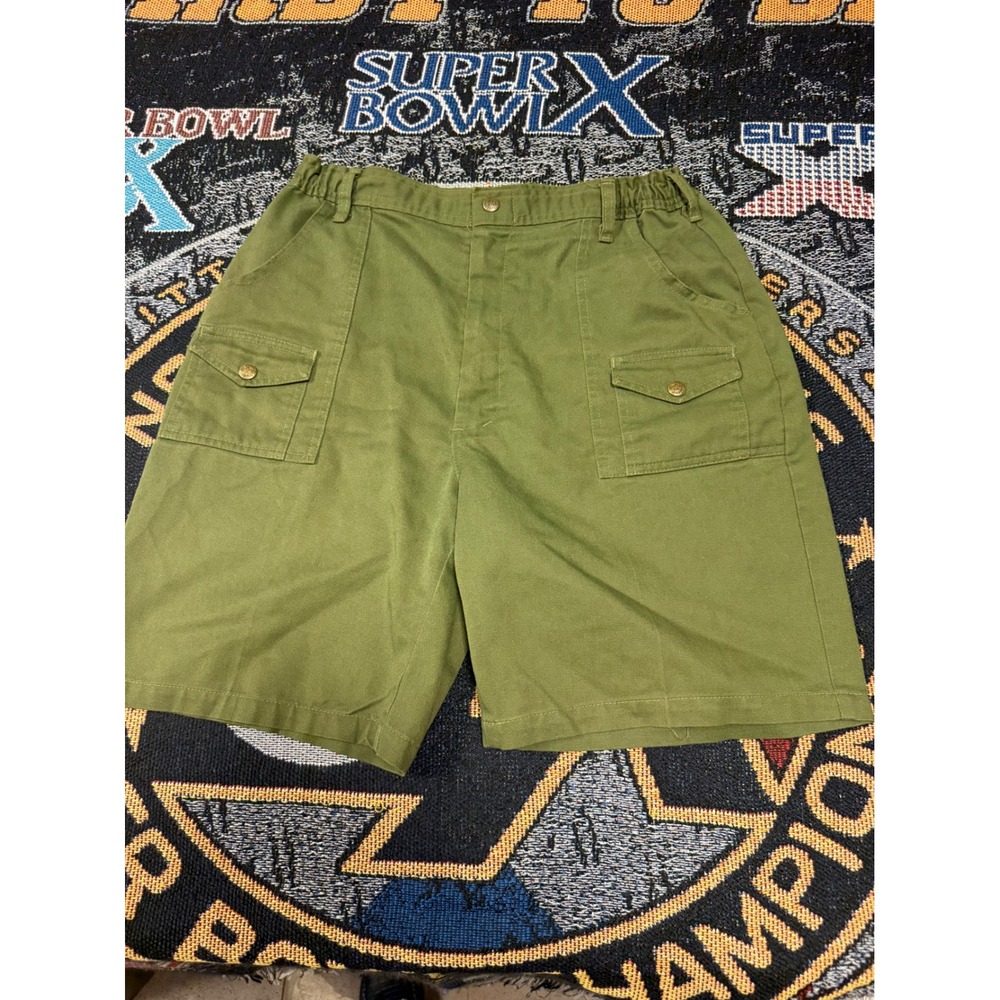 Vintage Olive Green Utility Cargo Shorts Elastic Waist Military Style Mens 28
